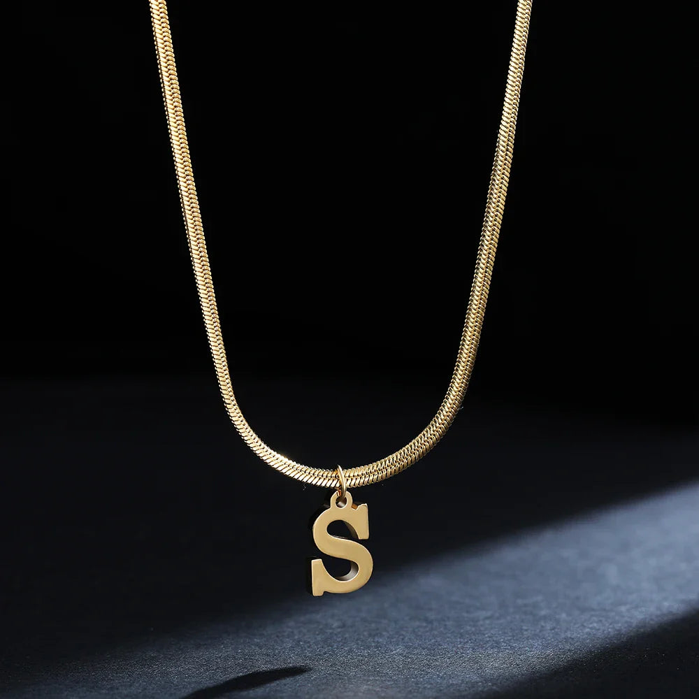 A-Z Alphabet Gold Plated Stainless Steel Pendant Necklace for Women Snake Chain Initial Letter Clavicle Necklaces