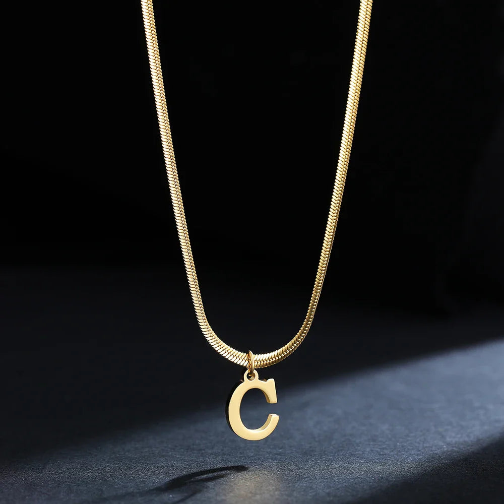 A-Z Alphabet Gold Plated Stainless Steel Pendant Necklace for Women Snake Chain Initial Letter Clavicle Necklaces