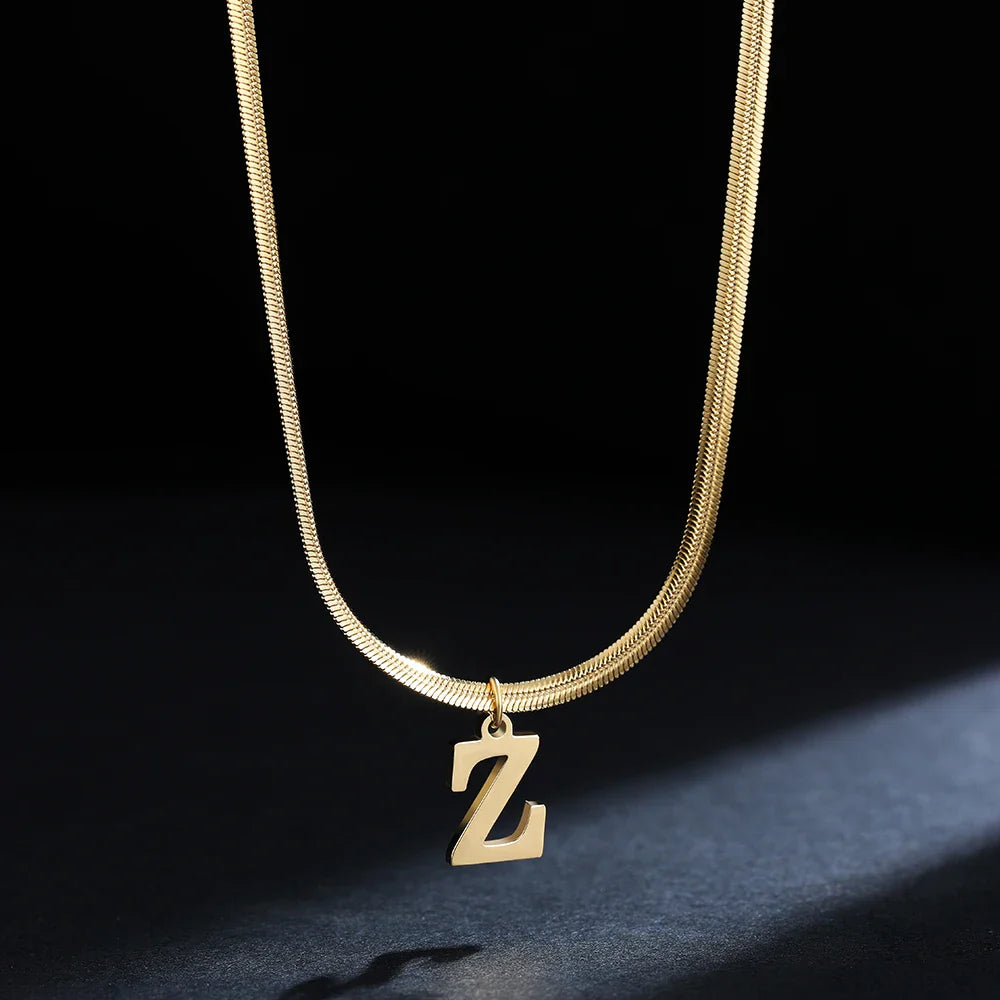 A-Z Alphabet Gold Plated Stainless Steel Pendant Necklace for Women Snake Chain Initial Letter Clavicle Necklaces