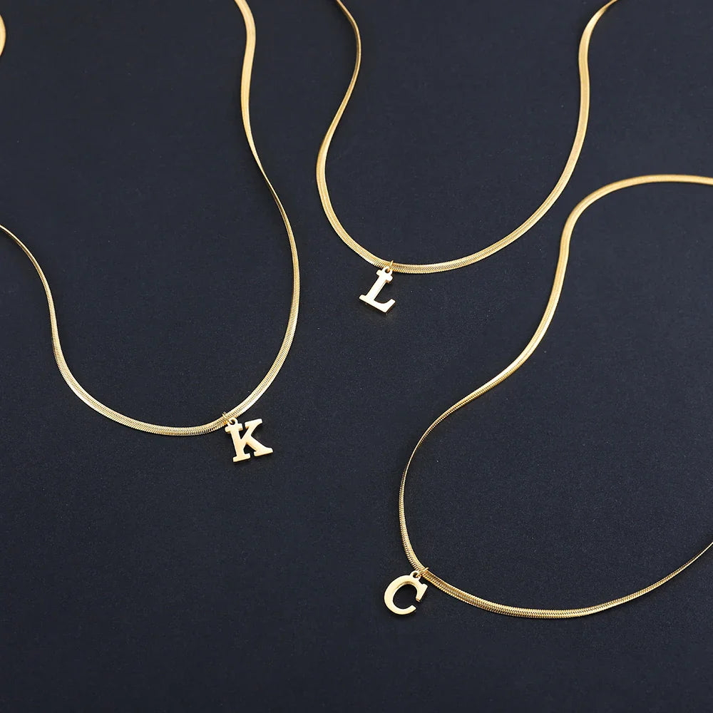 A-Z Alphabet Gold Plated Stainless Steel Pendant Necklace for Women Snake Chain Initial Letter Clavicle Necklaces