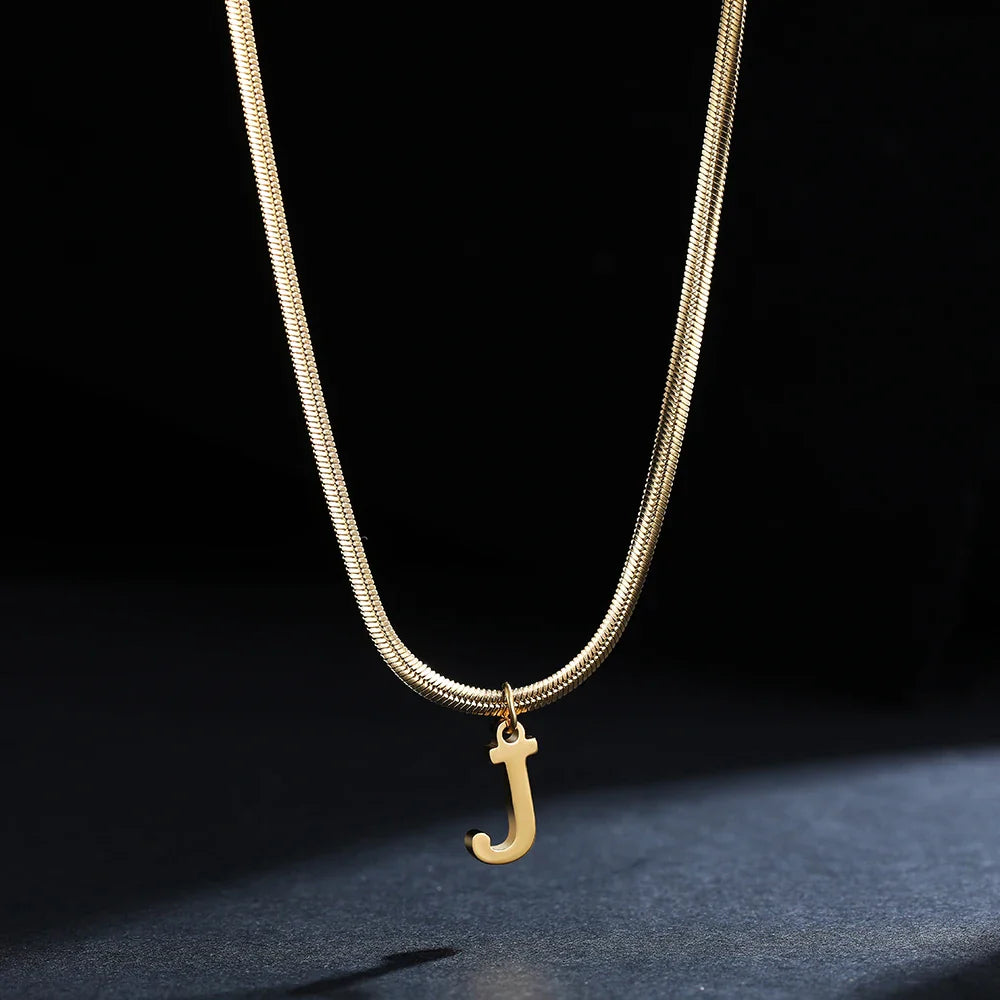 A-Z Alphabet Gold Plated Stainless Steel Pendant Necklace for Women Snake Chain Initial Letter Clavicle Necklaces