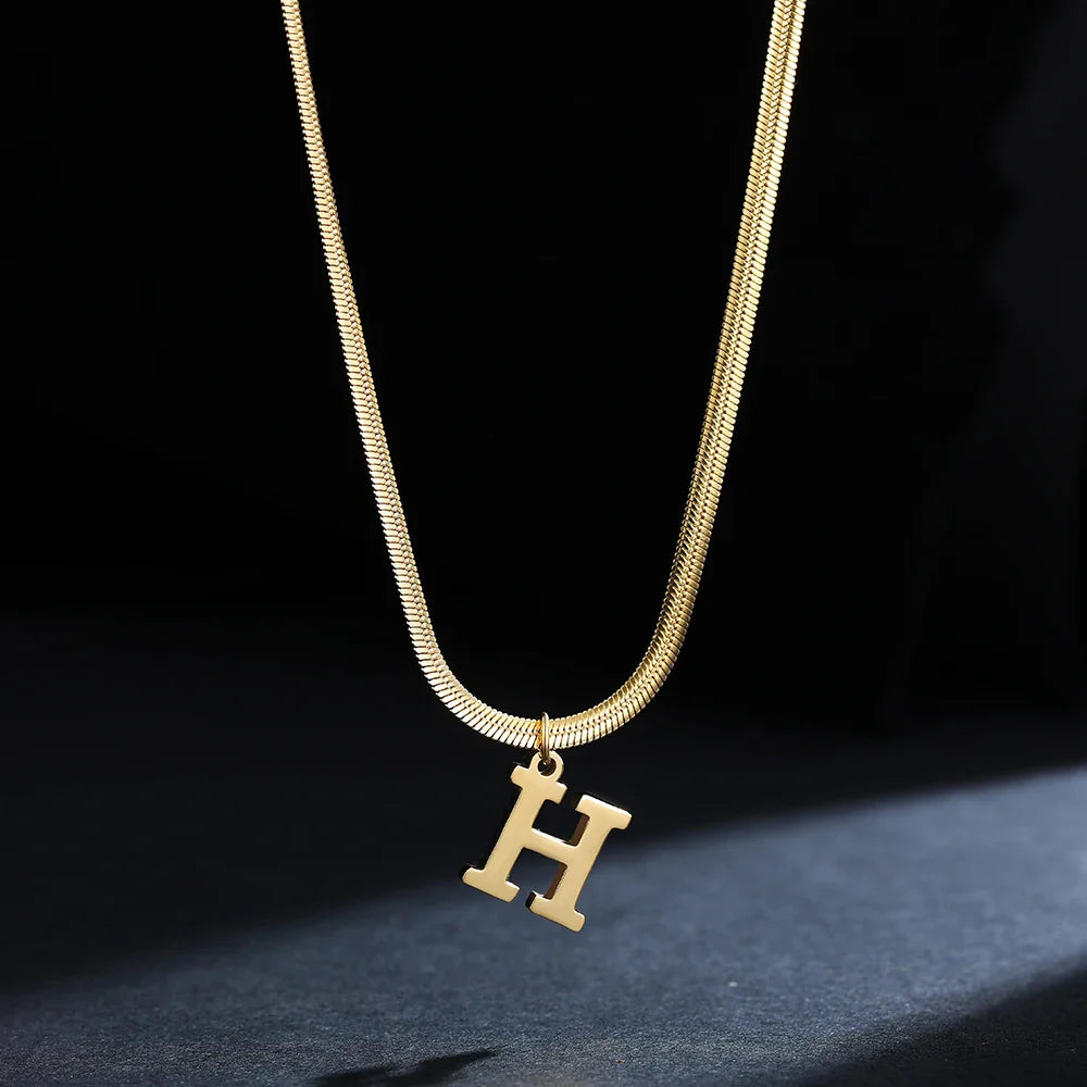 A-Z Alphabet Gold Plated Stainless Steel Pendant Necklace for Women Snake Chain Initial Letter Clavicle Necklaces