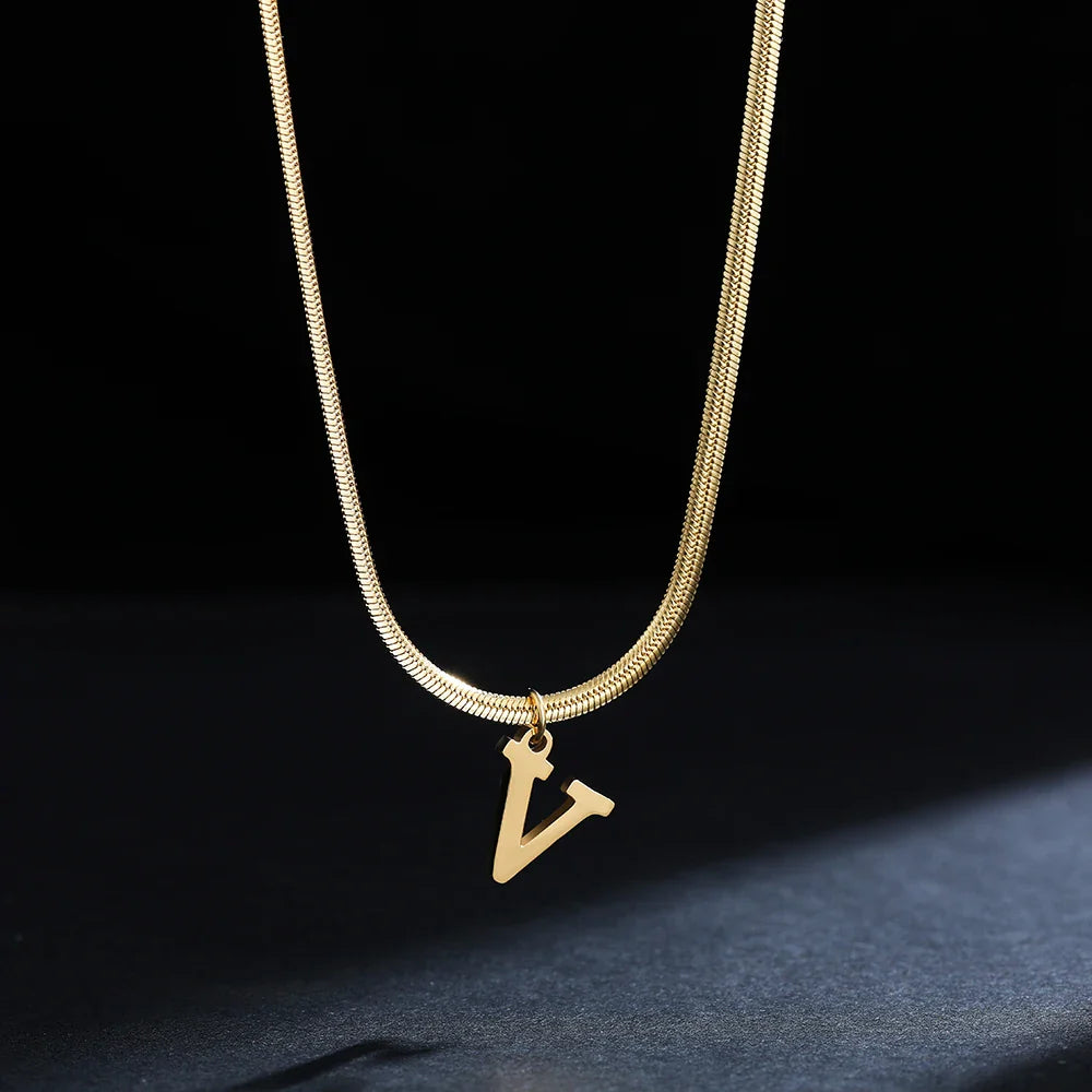 A-Z Alphabet Gold Plated Stainless Steel Pendant Necklace for Women Snake Chain Initial Letter Clavicle Necklaces