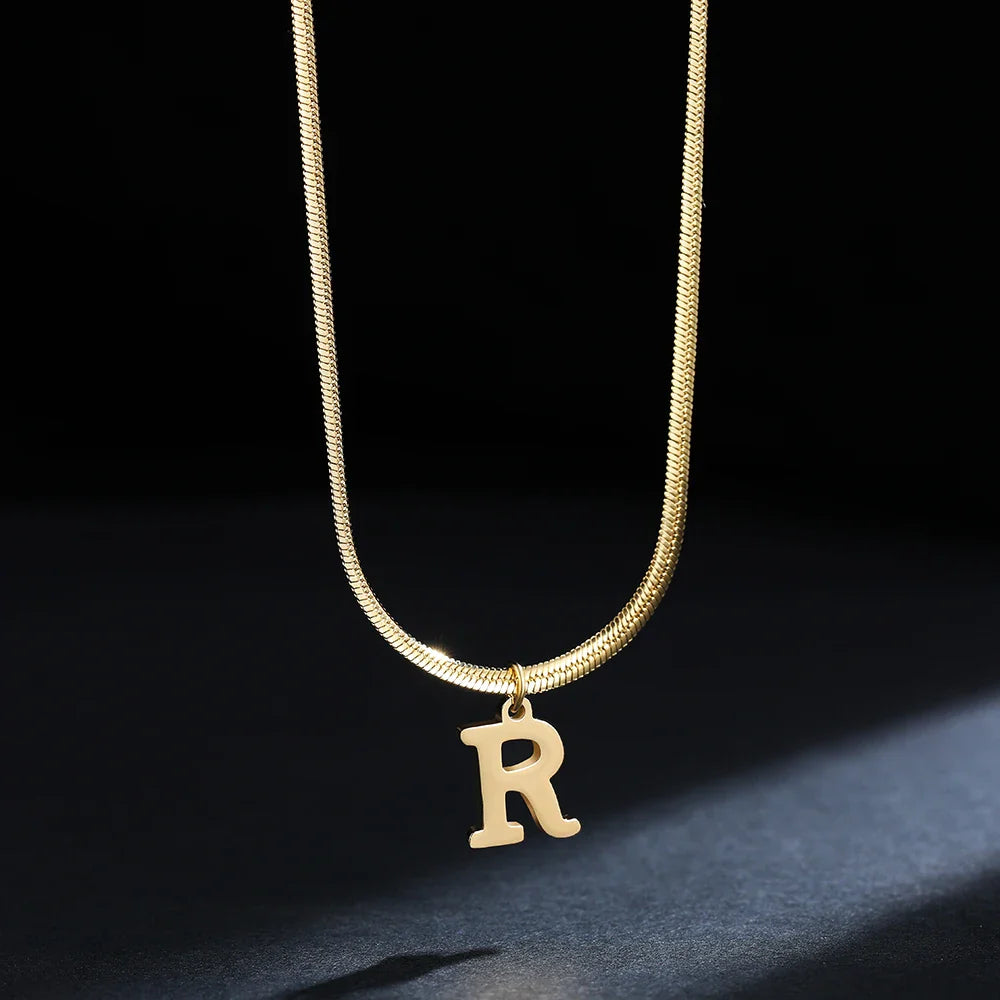 A-Z Alphabet Gold Plated Stainless Steel Pendant Necklace for Women Snake Chain Initial Letter Clavicle Necklaces