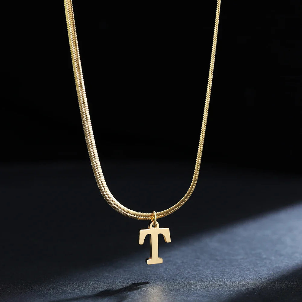 A-Z Alphabet Gold Plated Stainless Steel Pendant Necklace for Women Snake Chain Initial Letter Clavicle Necklaces