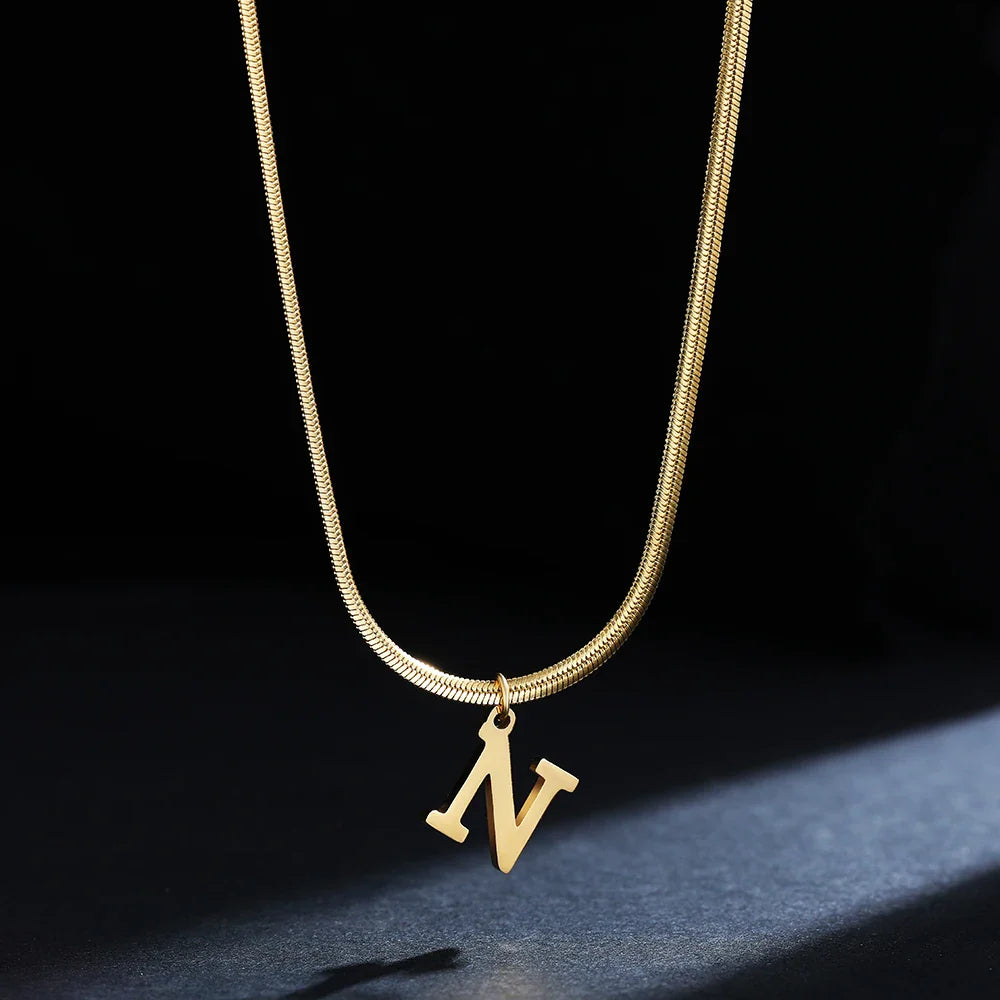 A-Z Alphabet Gold Plated Stainless Steel Pendant Necklace for Women Snake Chain Initial Letter Clavicle Necklaces