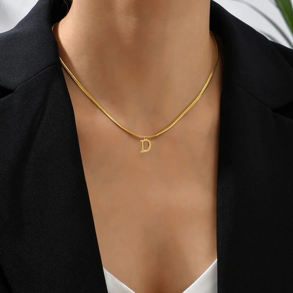 A-Z Alphabet Gold Plated Stainless Steel Pendant Necklace for Women Snake Chain Initial Letter Clavicle Necklaces