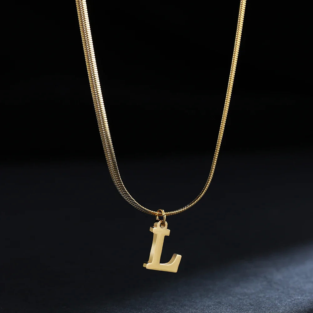 A-Z Alphabet Gold Plated Stainless Steel Pendant Necklace for Women Snake Chain Initial Letter Clavicle Necklaces