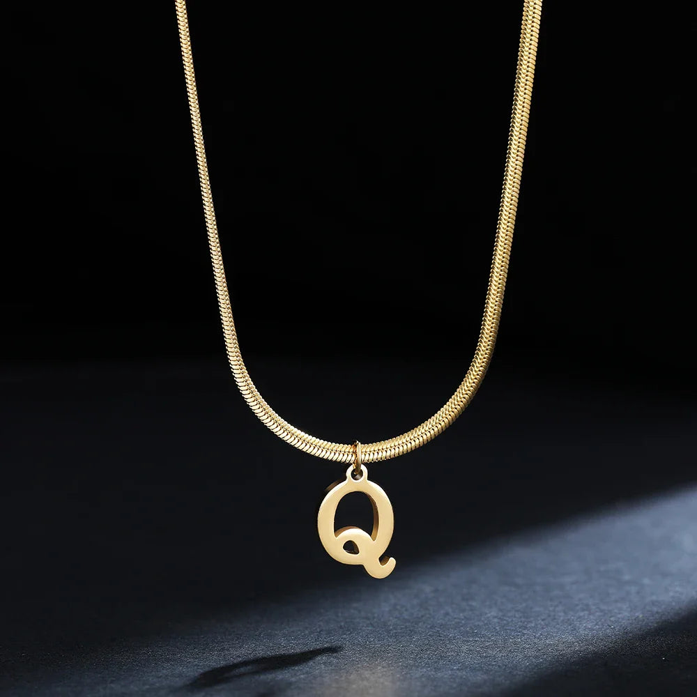 A-Z Alphabet Gold Plated Stainless Steel Pendant Necklace for Women Snake Chain Initial Letter Clavicle Necklaces