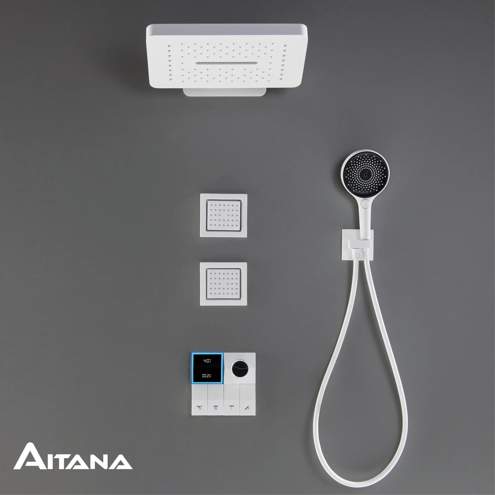 AITANA Luxury Brass White Shower System LED Light Digital Display Design with Constant Temperature Wall Mounted