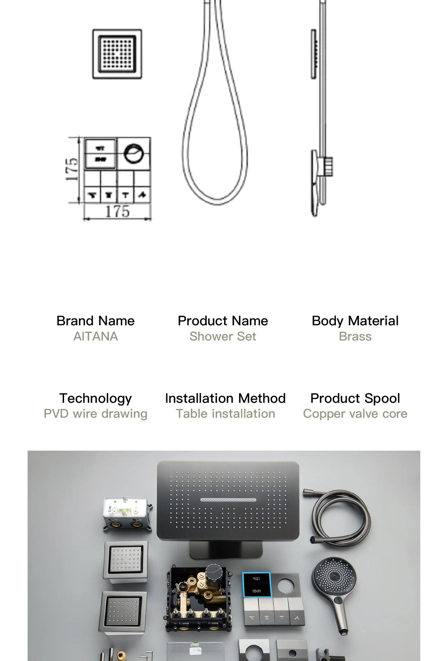 AITANA Luxury Brass White Shower System LED Light Digital Display Design with Constant Temperature Wall Mounted