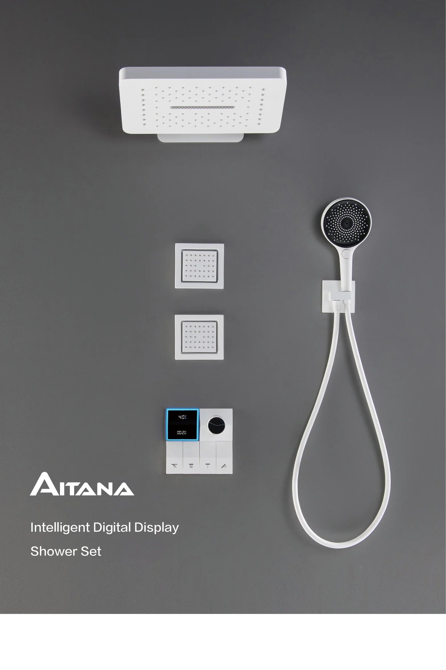 AITANA Luxury Brass White Shower System LED Light Digital Display Design with Constant Temperature Wall Mounted