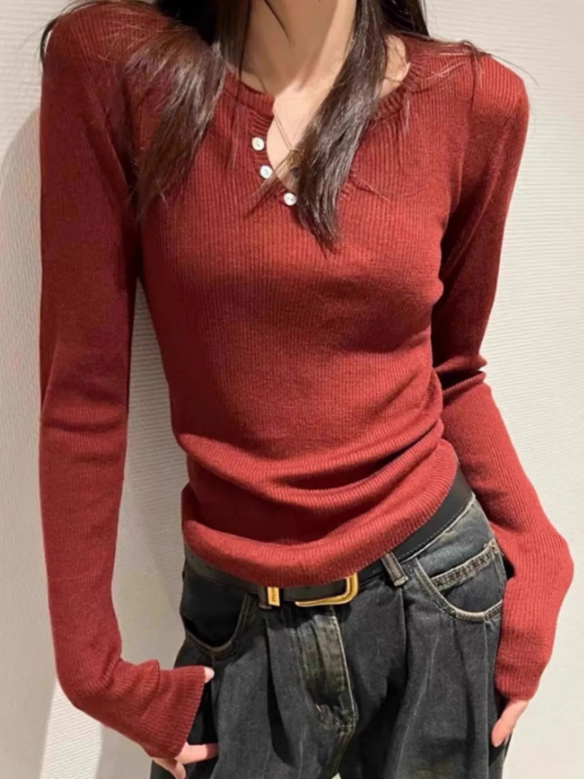 All-in-one thin buckle round neck cashmere knit base for women with a solid color sweater pullover wool long sleeve