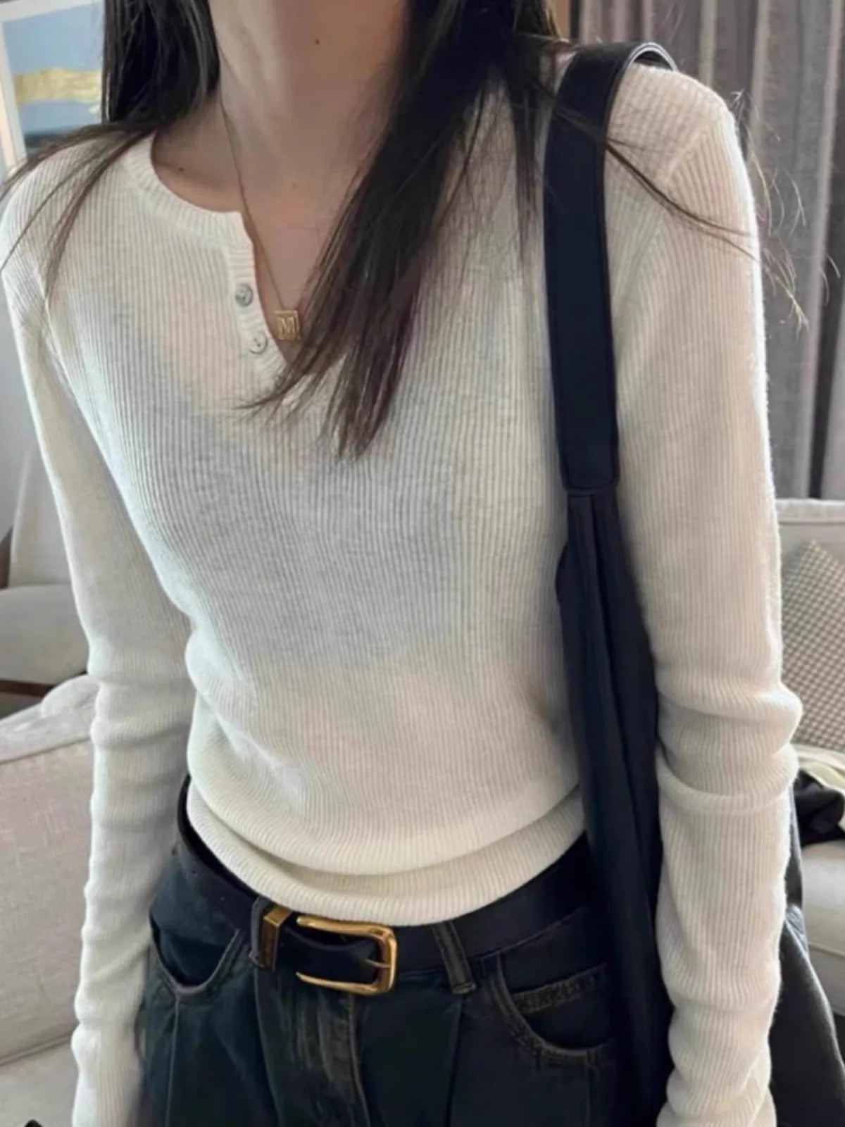 All-in-one thin buckle round neck cashmere knit base for women with a solid color sweater pullover wool long sleeve