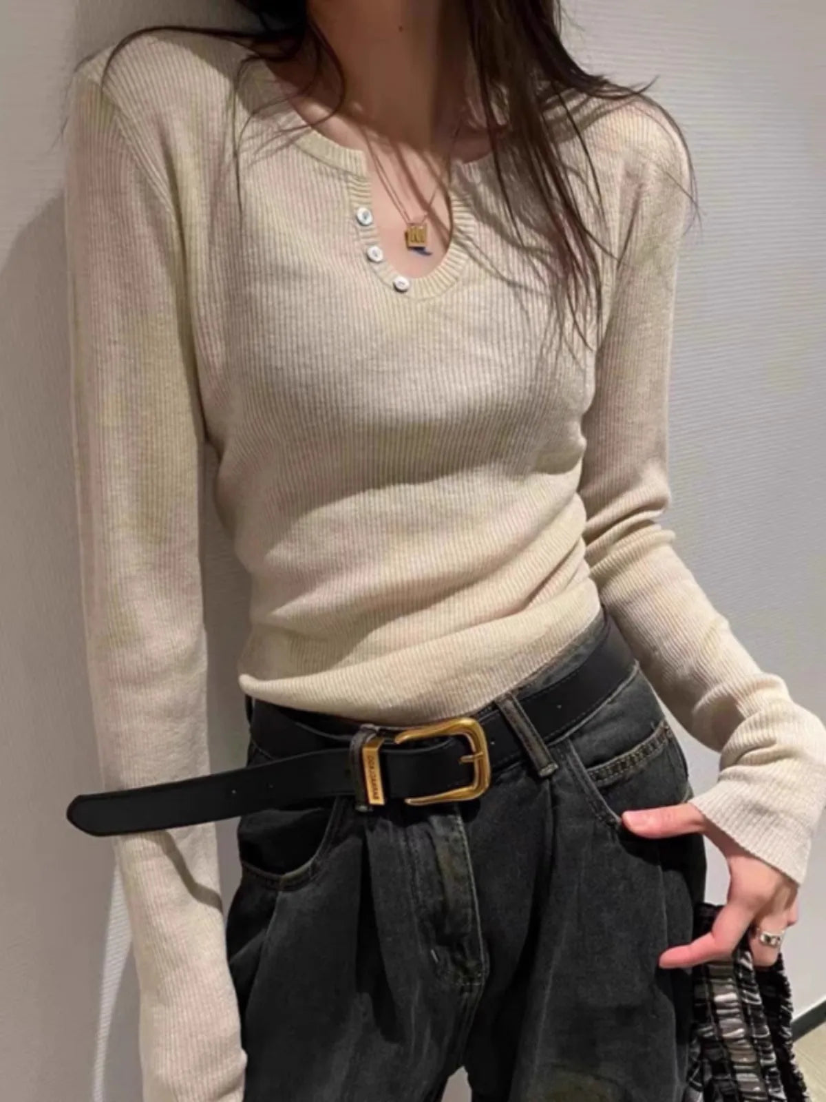 All-in-one thin buckle round neck cashmere knit base for women with a solid color sweater pullover wool long sleeve