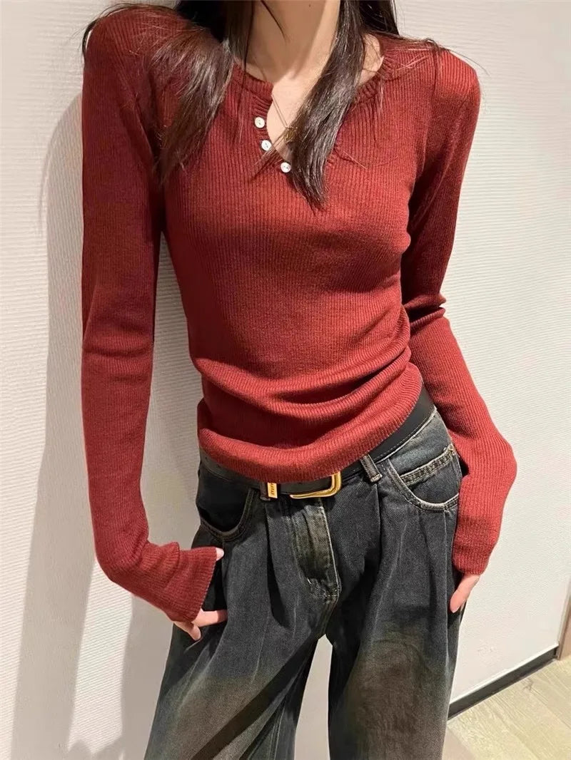 All-in-one thin buckle round neck cashmere knit base for women with a solid color sweater pullover wool long sleeve