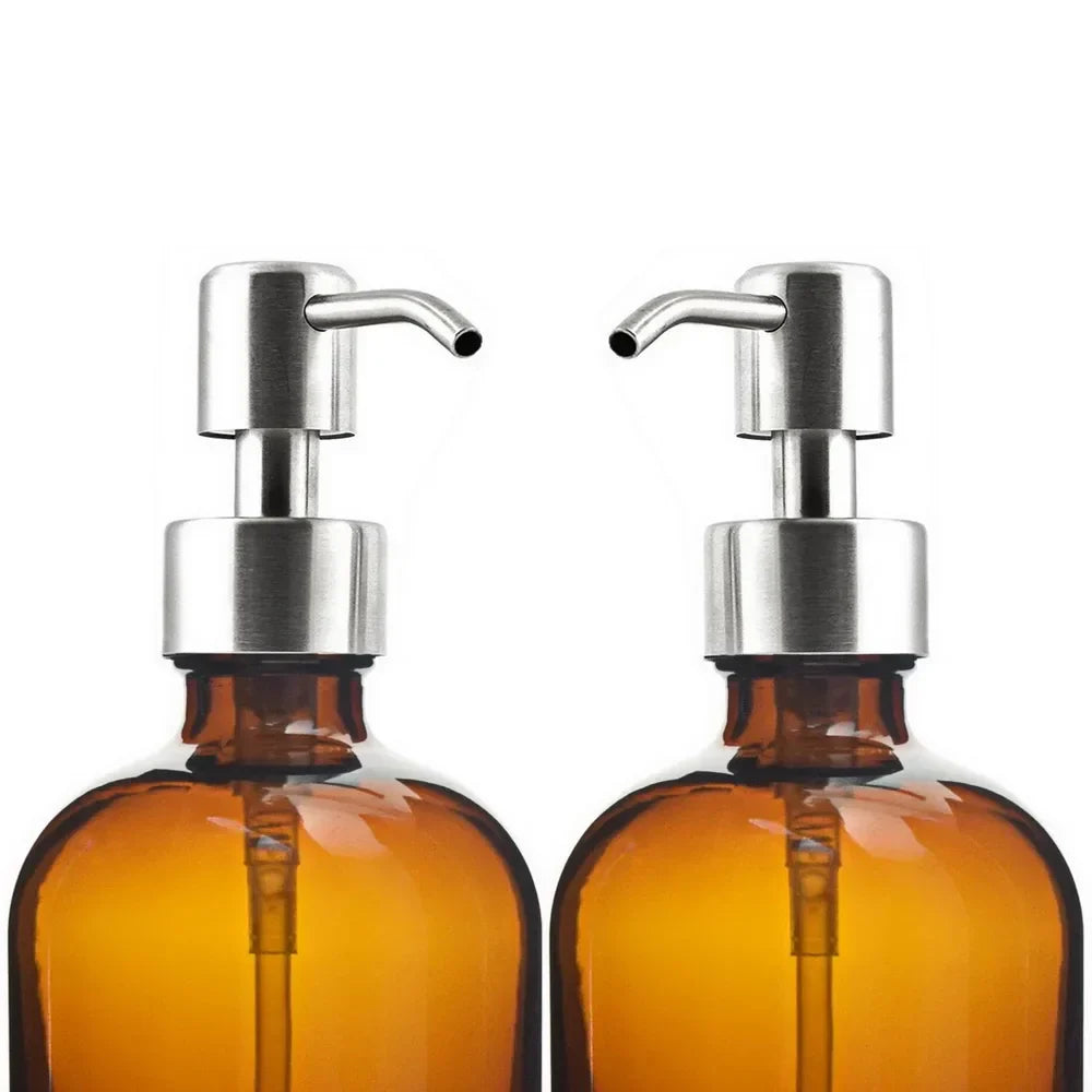 Amber Glass Soap Dispenser Kitchen Bathroom Hand Dish Soap Dispenser Set with Rustproof Stainless Steel Pump 2Pcs 16 Oz