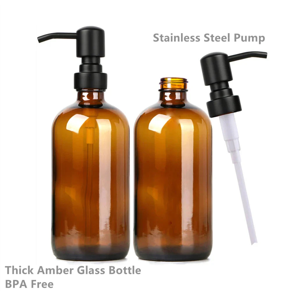 Amber Glass Soap Dispenser Kitchen Bathroom Hand Dish Soap Dispenser Set with Rustproof Stainless Steel Pump 2Pcs 16 Oz