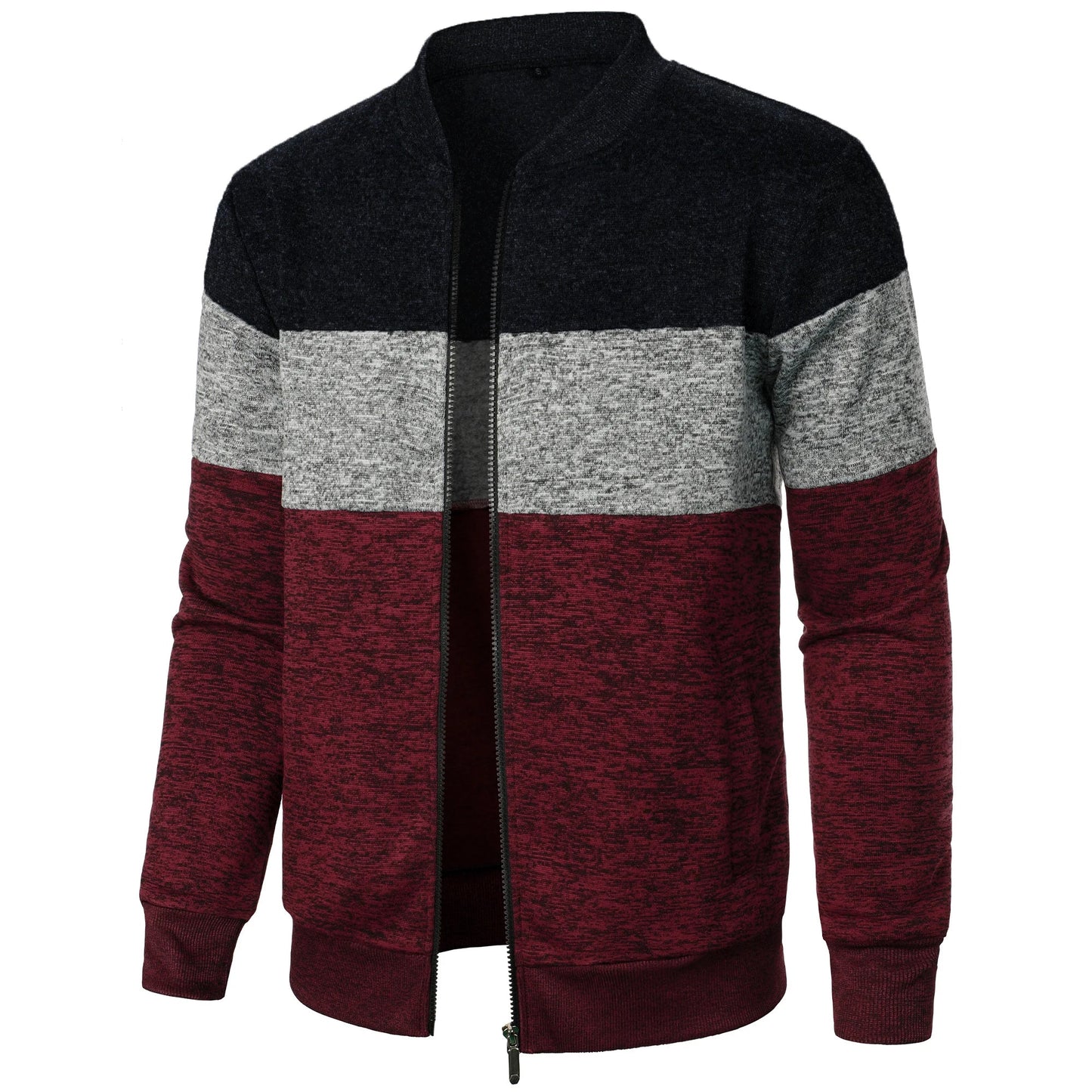 Autumn/winter men’s stand-up collar striped check zipper knit top with fashion color matching