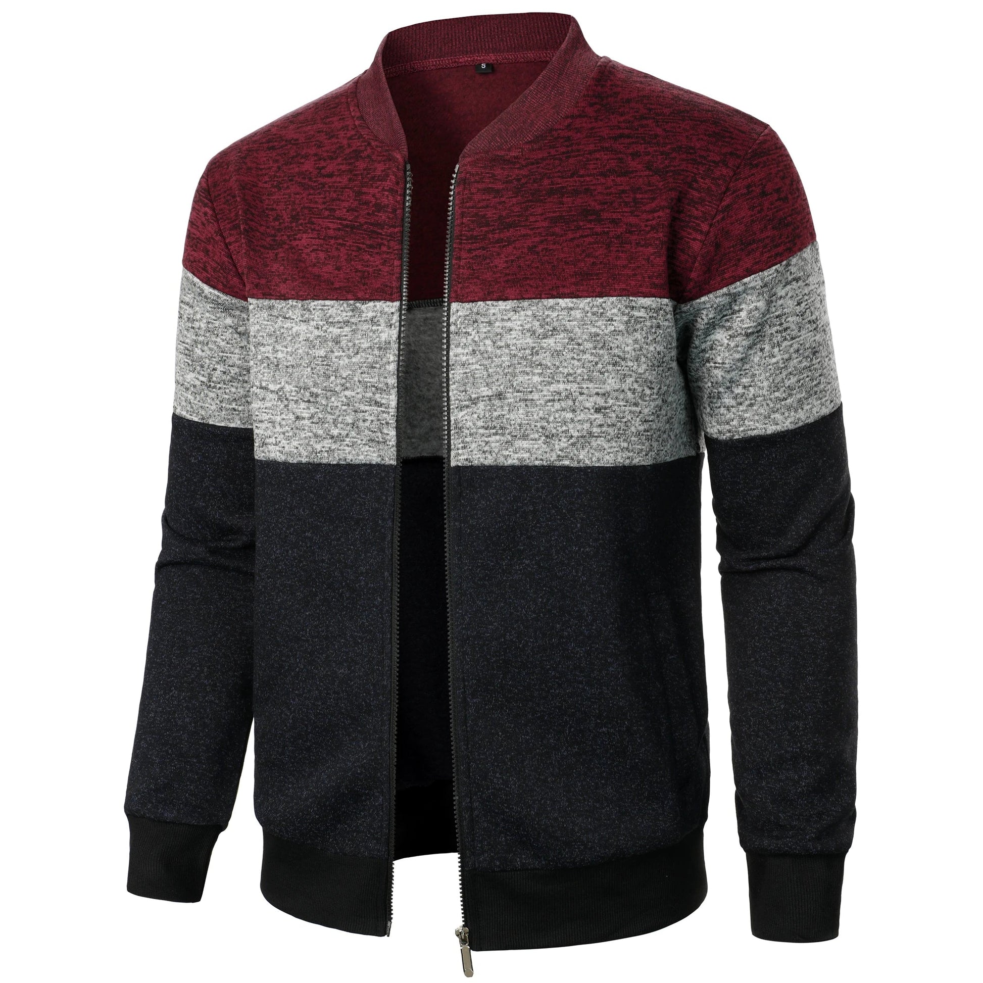 Autumn/winter men’s stand-up collar striped check zipper knit top with fashion color matching