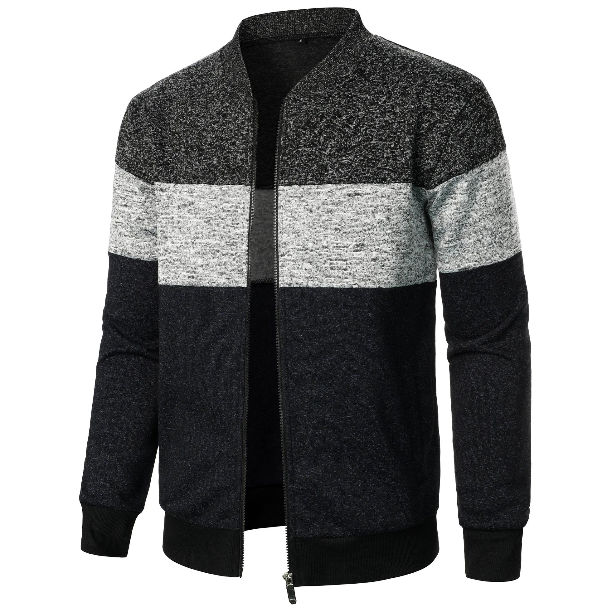 Autumn/winter men’s stand-up collar striped check zipper knit top with fashion color matching