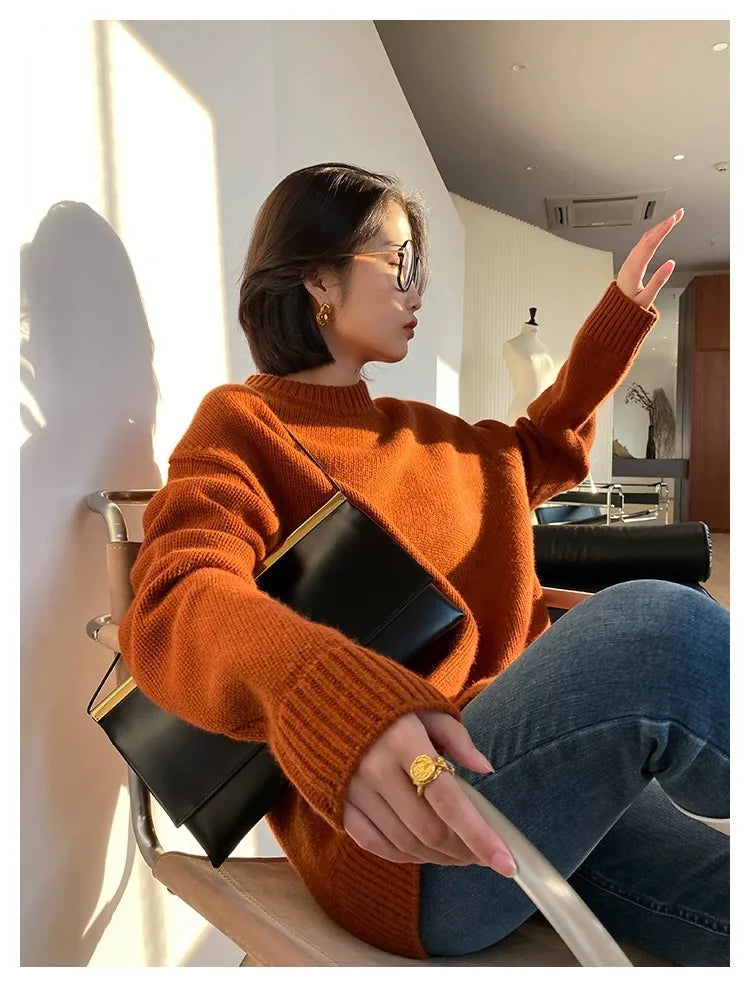 Autumn and winter new round neck 100% pure cashmere sweater pullover women’s thick loose knitting