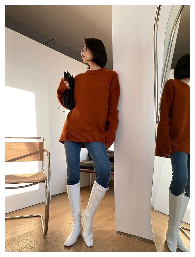 Autumn and winter new round neck 100% pure cashmere sweater pullover women’s thick loose knitting