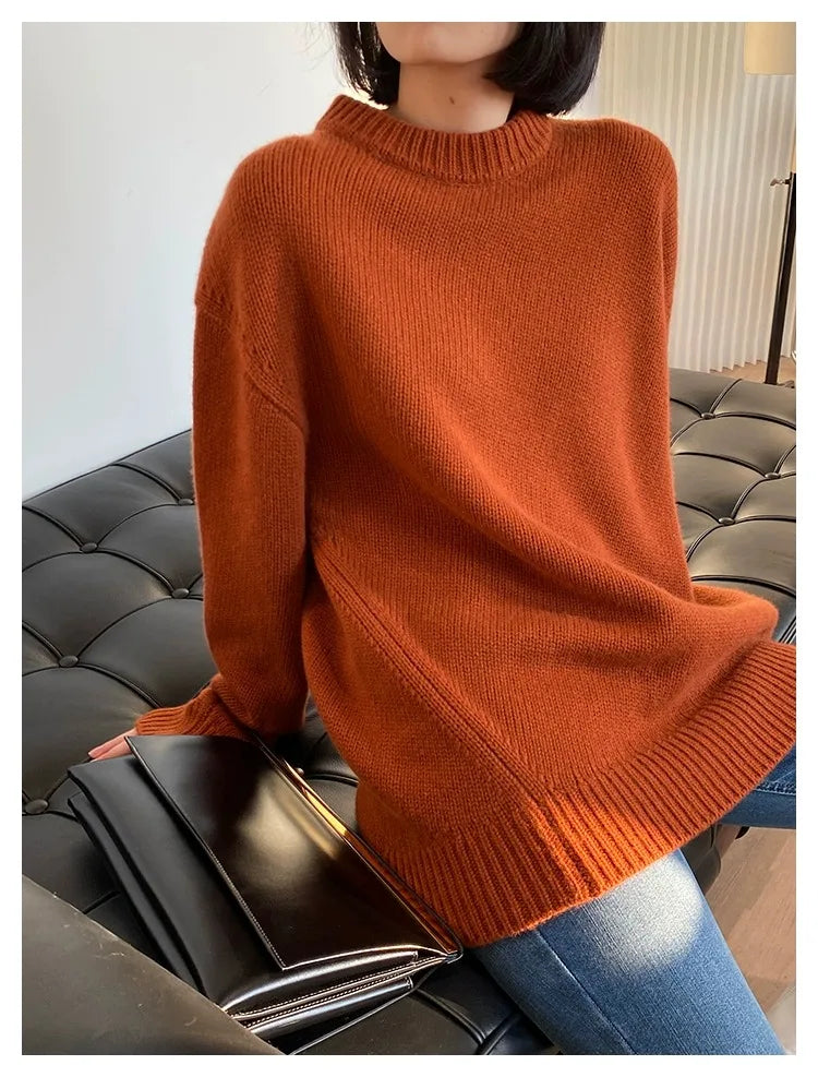 Autumn and winter new round neck 100% pure cashmere sweater pullover women’s thick loose knitting