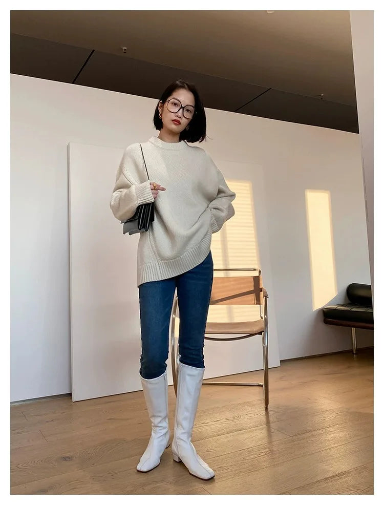 Autumn and winter new round neck 100% pure cashmere sweater pullover women’s thick loose knitting