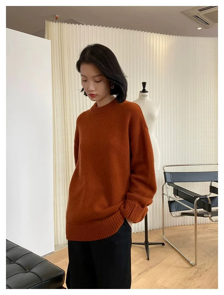 Autumn and winter new round neck 100% pure cashmere sweater pullover women’s thick loose knitting