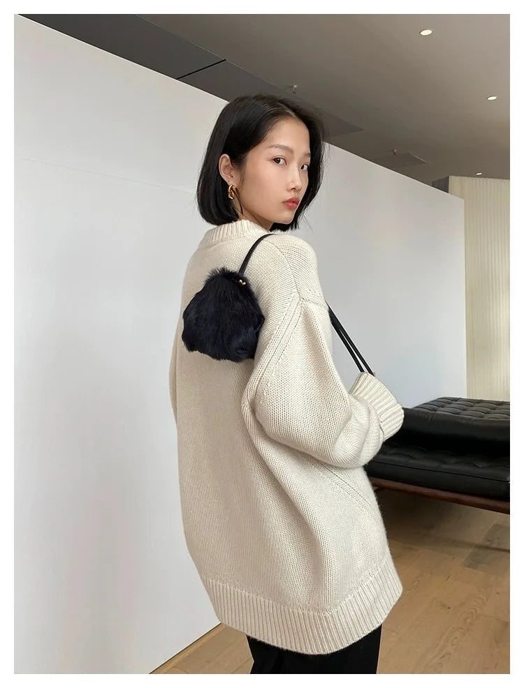 Autumn and winter new round neck 100% pure cashmere sweater pullover women’s thick loose knitting