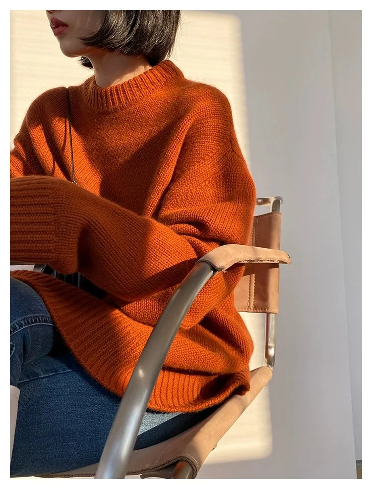 Autumn and winter new round neck 100% pure cashmere sweater pullover women’s thick loose knitting