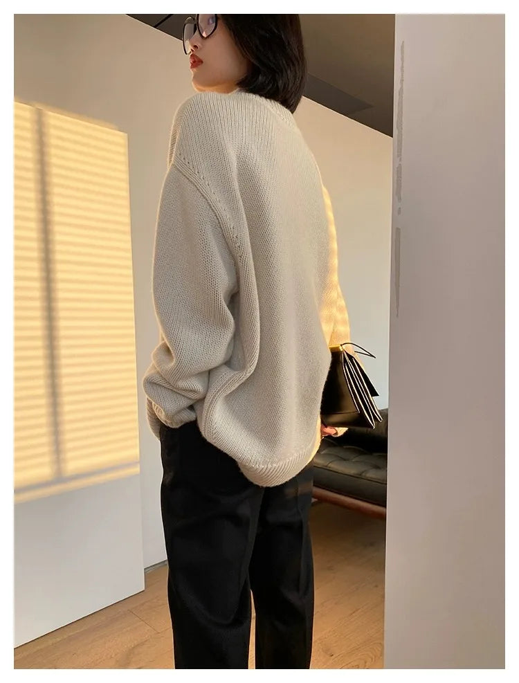 Autumn and winter new round neck 100% pure cashmere sweater pullover women’s thick loose knitting