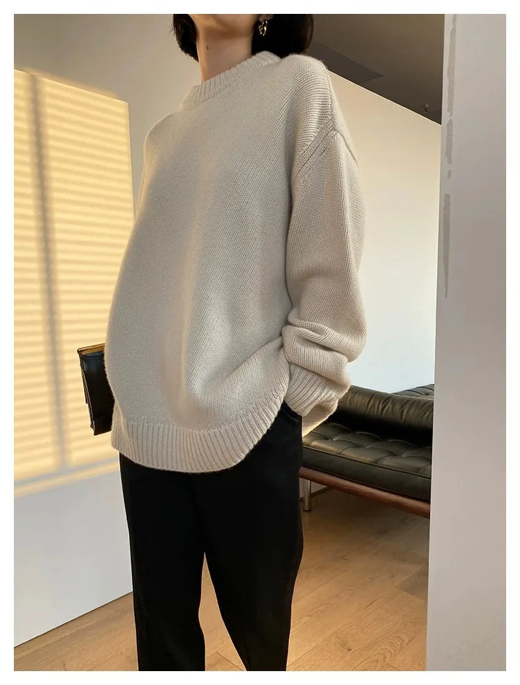 Autumn and winter new round neck 100% pure cashmere sweater pullover women’s thick loose knitting