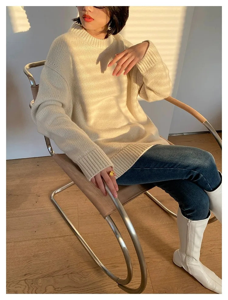 Autumn and winter new round neck 100% pure cashmere sweater pullover women’s thick loose knitting