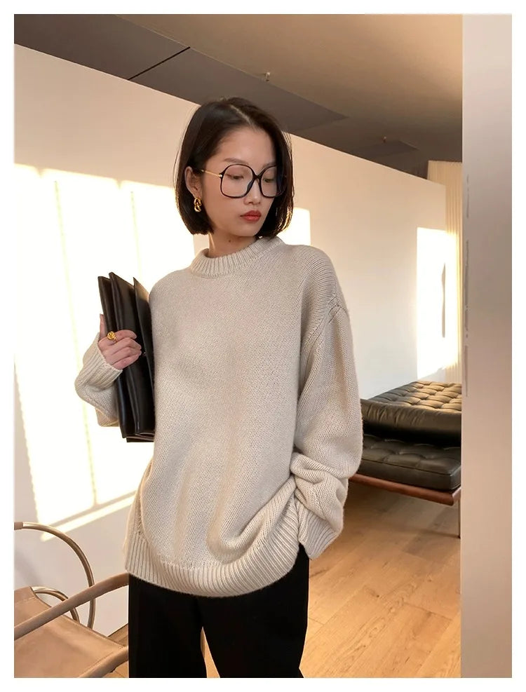 Autumn and winter new round neck 100% pure cashmere sweater pullover women’s thick loose knitting