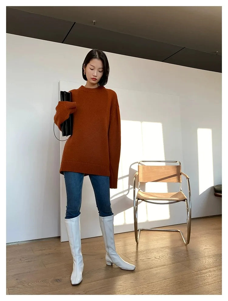 Autumn and winter new round neck 100% pure cashmere sweater pullover women’s thick loose knitting