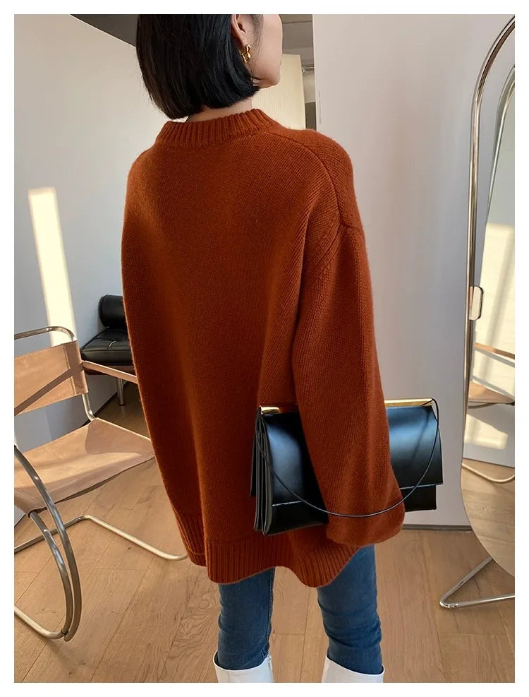 Autumn and winter new round neck 100% pure cashmere sweater pullover women’s thick loose knitting