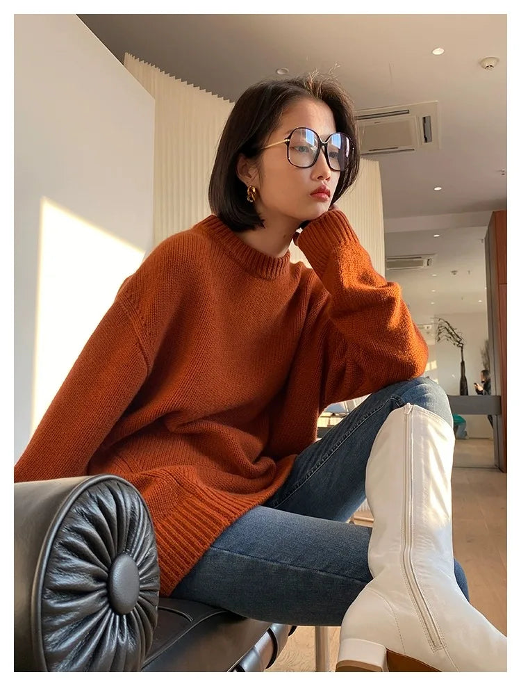 Autumn and winter new round neck 100% pure cashmere sweater pullover women’s thick loose knitting