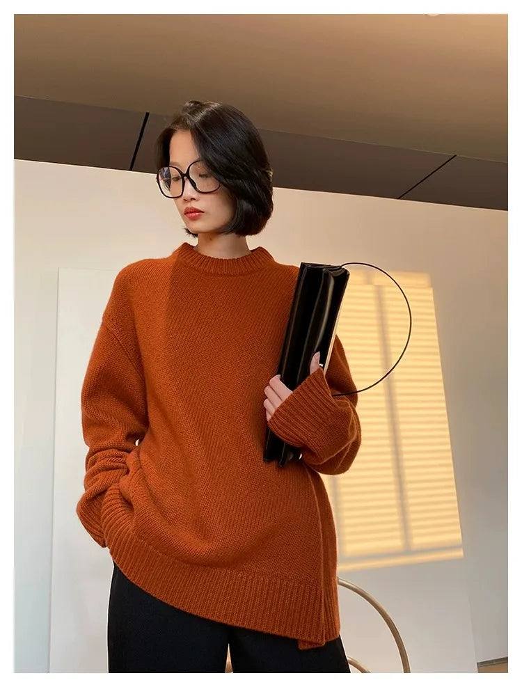 Autumn and winter new round neck 100% pure cashmere sweater pullover women’s thick loose knitting