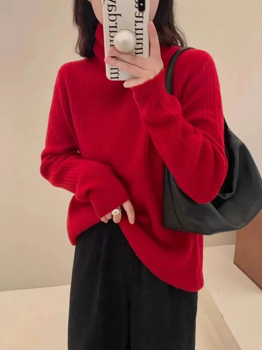 Autumn and winter turtleneck 100 pure cashmere sweater women’s lazy loose pullover sweater knitted wool base shirt