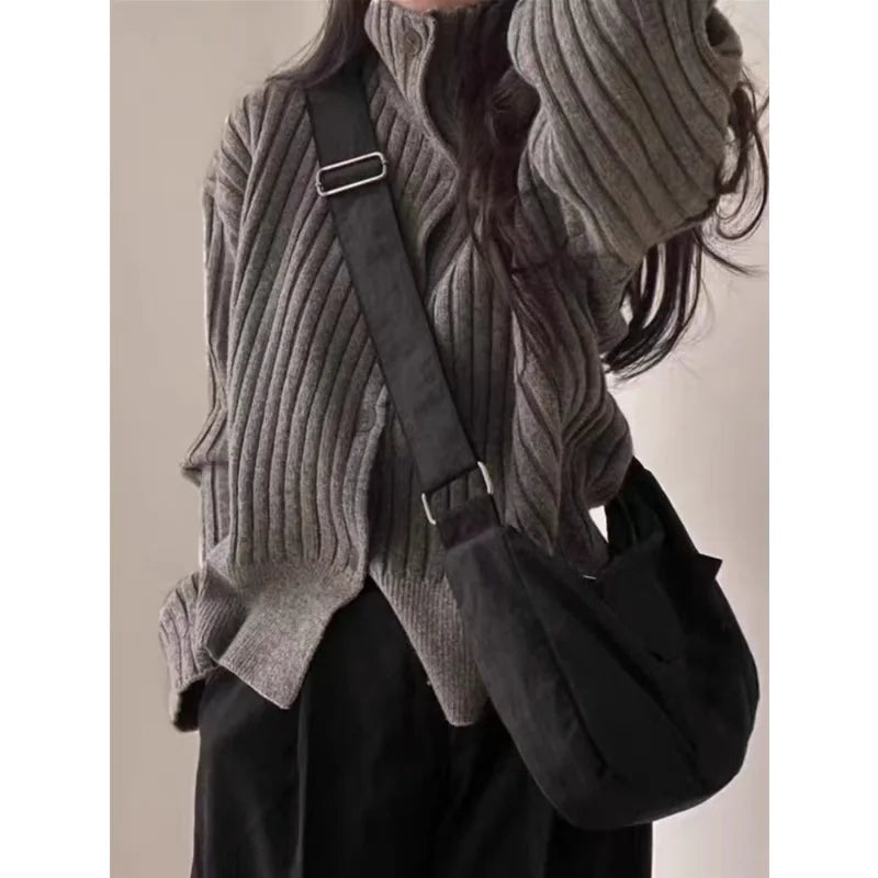 Autumn and winter turtleneck pit strip cashmere knit cardigan women thickened small pure wool sweater loose short coat