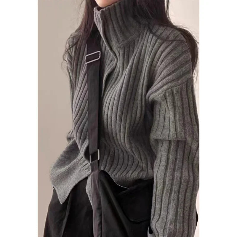 Autumn and winter turtleneck pit strip cashmere knit cardigan women thickened small pure wool sweater loose short coat