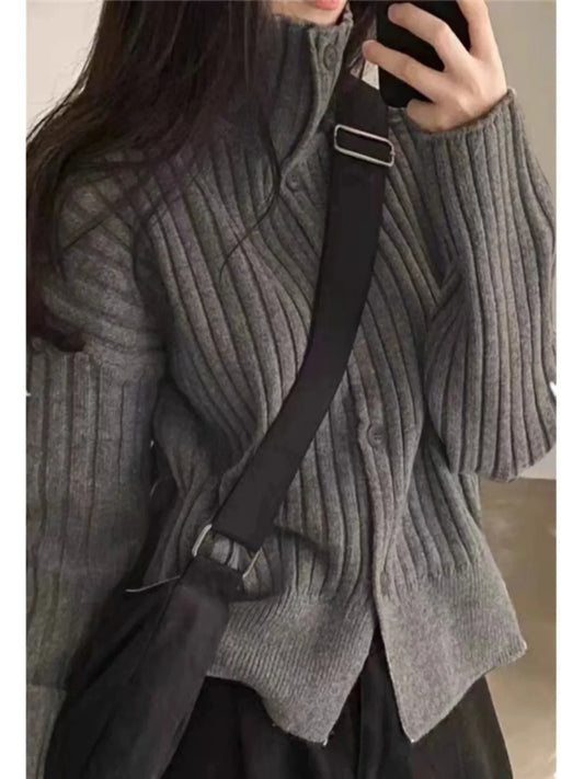 Autumn and winter turtleneck pit strip cashmere knit cardigan women thickened small pure wool sweater loose short coat