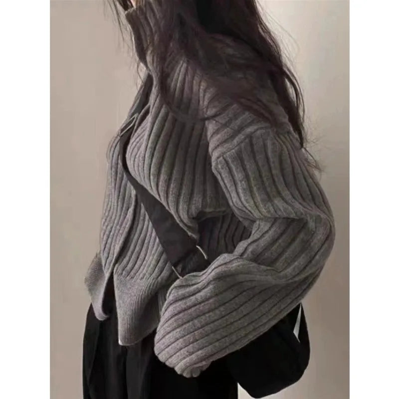 Autumn and winter turtleneck pit strip cashmere knit cardigan women thickened small pure wool sweater loose short coat