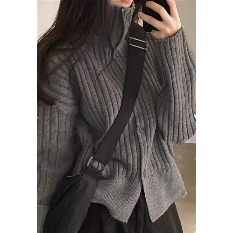 Autumn and winter turtleneck pit strip cashmere knit cardigan women thickened small pure wool sweater loose short coat