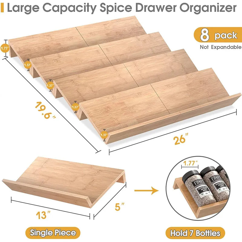 Bamboo Spice Rack 4-Tier Large Capacity Insert Spice Organizer Tray for Cabinet Kitchen Drawer Storage - 4 pcs / 4-tier