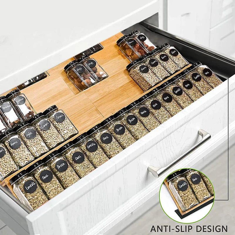 Bamboo Spice Rack 4-Tier Large Capacity Insert Spice Organizer Tray for Cabinet Kitchen Drawer Storage - 4 pcs / 4-tier