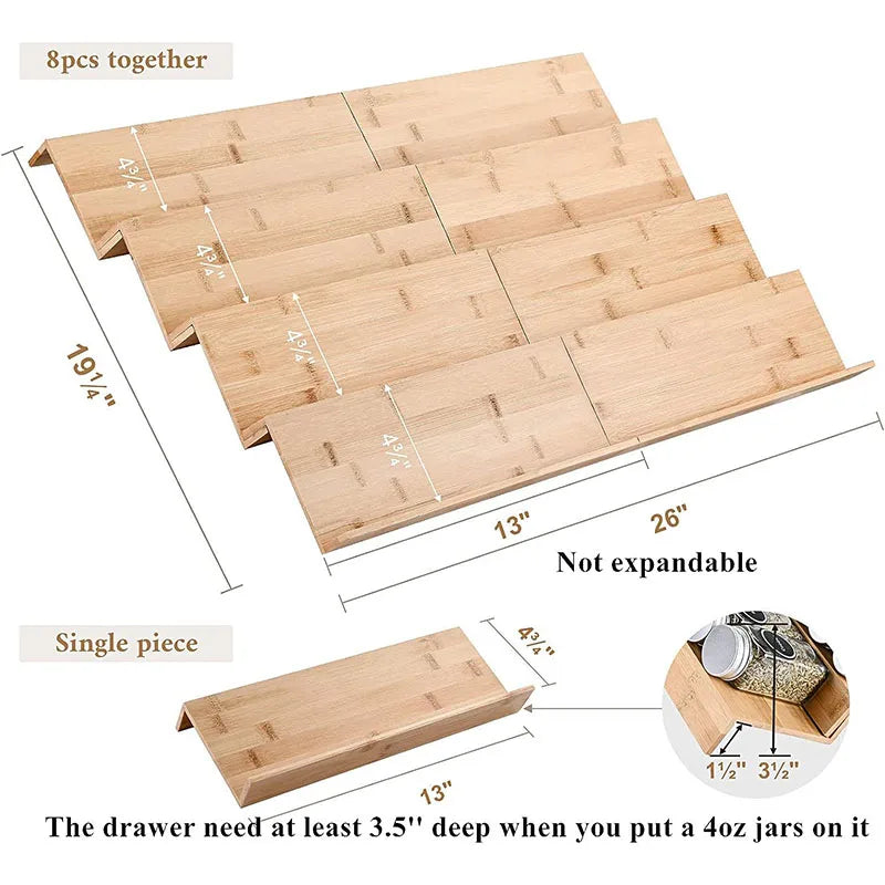 Bamboo Spice Rack 4-Tier Large Capacity Insert Spice Organizer Tray for Cabinet Kitchen Drawer Storage - 4 pcs / 4-tier