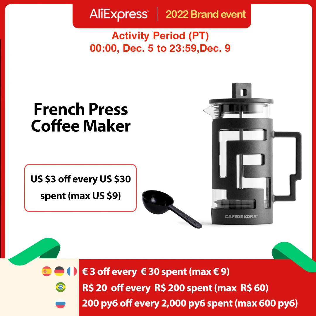 CAFEDE KONA French Press Coffee Press Tea Coffee Maker Glass Coffee Pot High Density Stainless Steel Mesh Heat